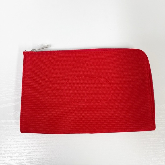 Christian Dior Beauty Red Canvas Zip Cosmetic Makeup Bag Flat Clutch Logo - Picture 1 of 3
